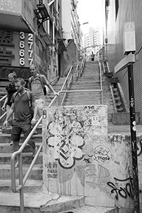 Stairway and graffiti on wall, Queen's Road Central, Sheung Wan, 12 May 2015