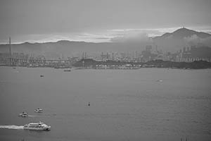 Boat traffic with Stonecutters Island behind, viewed from Sheung Wan, 16 May 2015