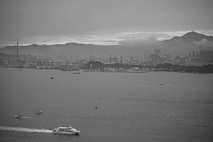 Boat traffic with Stonecutters Island behind, viewed from Sheung Wan, 16 May 2015