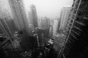 Buildings in rainy weather, view through a window, Sheung Wan, 23 May 2015