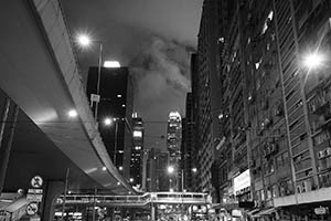 Two IFC, Shun Tak Centre and other buildings at night, viewed from Connaught Road West, Sheung Wan, 26 May 2015