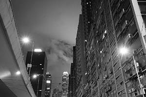 Two IFC, Shun Tak Centre and other buildings at night, viewed from Connaught Road West, Sheung Wan, 26 May 2015