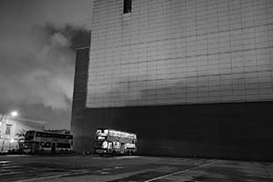 Bus parking area and Central Police District Headquarters at night, Western Fire Services Street, Sheung Wan, 26 May 2015