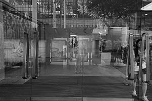 Reflections of a bus stop and adjacent buildings in glass doors, Pacific Place, Queensway, Admiralty, 27 June 2015