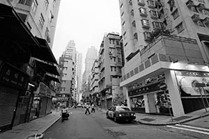 Street scene, Hollywood  Road at the junction with Upper Station Street, Sheung Wan, 4 July 2015