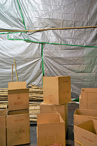 Empty cardboard boxes and bamboo poles inside a temporary matshed theatre for Chinese Opera during Hungry Ghost Festival, Sun Yat Sen Memorial Park, Sai Ying Pun, 31 August 2015