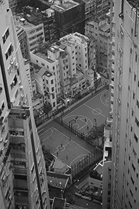 Buildings and Li Sing Street Playground viewed from an apartment in Sheung Wan, 24 August 2015