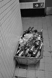 Empty beer bottles and trash, Java Road Market and Cooked Food Centre, North Point, 18 September 2015