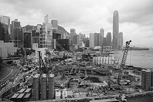 Construction site close to the Hong Kong Convention and Exhibition Centre with Admiralty and Central in the distance, Wanchai, 4 October 2015