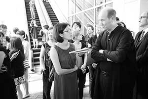 Historian Peter Cunich being interviewed during a protest on the HKU campus, 6 October 2015