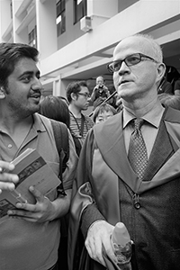 Timothy O'Leary at a protest by HKU staff against threats to academic freedom, University of Hong Kong campus, 6 October 2015