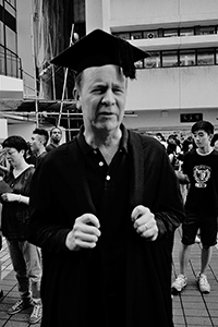 Historian Peter Cunich at a protest on the HKU campus, Pokfulam, 6 October 2015