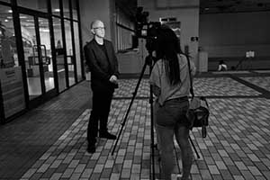 Academic Timothy O'Leary being interviewed during a demonstration on the HKU campus concerning threats to academic freedoms, 9 October 2015