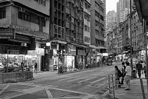Street scene at the junction of Queen's Road West and Eastern Street, Sai Ying Pun, 19 October 2015