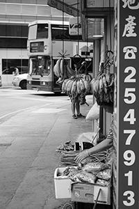Fruit and vegetable store in a gap between two buildings, Queen's Road West, Sai Ying Pun, 26 October 2015