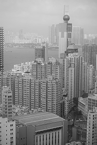 Buildings in Shek Tong Tsui and Sai Ying Pun, with Victoria Harbour and West Kowloon in the distance, 28 October 2015