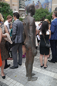 One of the sculptures from Antony Gormley's Event Horizon project, installed in Statue Square, 19 November 2015