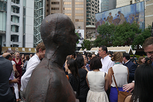 One of the sculptures from Antony Gormley's Event Horizon project, installed in Statue Square, 19 November 2015