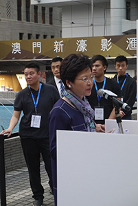 Carrie Lam, Chief Secretary for Administration, at the opening ceremony for the Hong Kong installation of Antony Gormley's Event Horizon, Statue Square, 19 November 2015