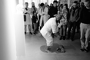 Ho Siu Kee performance in 'The Human Body: Measure and Norms' exhibition at Blindspot Gallery, Wong Chuk Hang Road, Wong Chuk Hang, 5 December 2015
