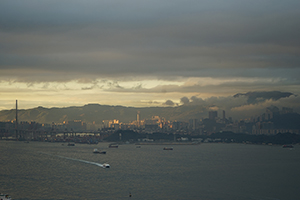 Victoria Harbour and Stonecutters Island after heavy rain, viewed from Sheung Wan, 5 January 2016