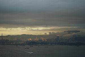 Victoria Harbour and Stonecutters Island after heavy rain, viewed from Sheung Wan, 5 January 2016