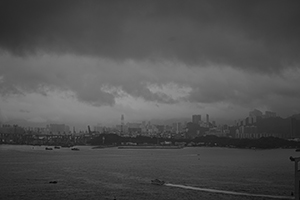 Victoria Harbour and Stonecutters Island viewed from Sheung Wan on a cloudy day, 15 January 2016
