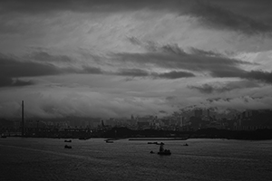 Victoria Harbour and Stonecutters Island viewed from Sheung Wan on a cloudy day, 15 January 2016