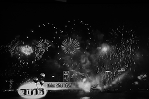 New year celebration fireworks seen on a television screen, 1 January 2016