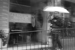 Street scene on a rainy day viewed from inside a taxi, Sai Ying Pun, 29 January 2016