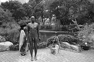 Artwork by Antony Gormley, a part of his 'Event Horizon' installation, Hong Kong Park, Central, 2 January 2016