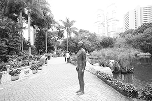 Artwork by Antony Gormley, a part of his 'Event Horizon' installation, Hong Kong Park, Central, 2 January 2016