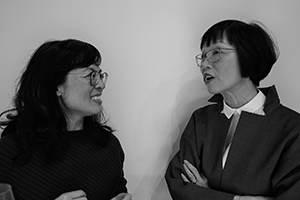 Tina Pang and Sabrina Fung at the opening of the M+ Sigg Collection Exhibition, ArtisTree, Taikoo Place, Quarry Bay, 22 February 2016