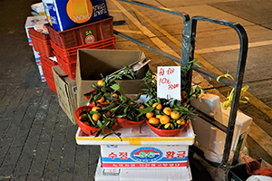 Hawker selling fruits at the junction of Argyle Street and Reclamation Street, Mongkok, 9 February 2016
