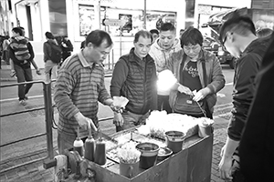 Hawkers selling fish balls, Shantung Street, Mongkok, 9 February 2016