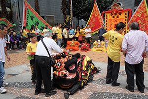 Preparation for a Lion dance, Sheung Wan Cultural Square, 13 February 2016