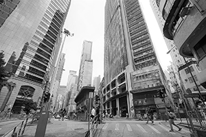 Buildings at the junction of Bonham Strand, Queen's Road Central and Wellington Street, Sheung Wan, 14 February 2016