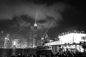 Symphony of Lights laser show viewed from the Tsim Sha Tsui harbourfront,  3 April 2016