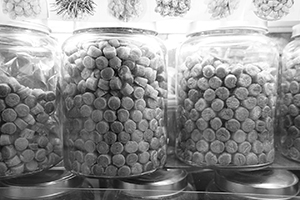 Jars of dried scallops viewed through a shop window, Sheung Wan, 24 April 2016