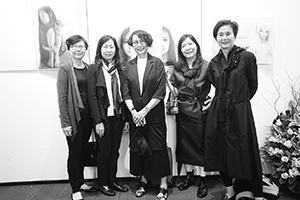 Debbie Cloke with friends at her graduation show, City Hall Exhibition Hall, Central, 15 April 2016
