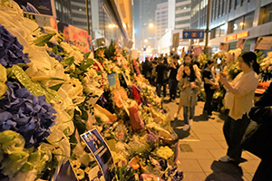 Memorials placed outside the Mandarin Oriental Hotel, Central, in remembrance of actor and singer Leslie Cheung, on the anniversary of his suicide, 1 April 2016