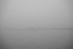 Victoria Harbour and Stonecutters Island in mist, 2 April 2016
