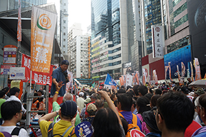 Lee Cheuk-yan addressing the annual protest march, Hennessy Road, Causeway Bay, 1 July 2016