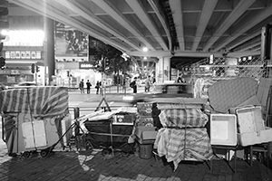 Packed-away stalls and equipment for 'villain-hitting', underneath Canal Road Flyover, 21 August 2016