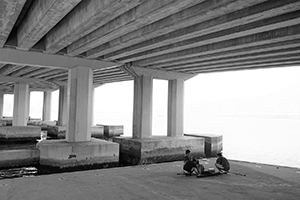 Fishing underneath the Island Eastern Corridor, Hong Kong Island, 28 August 2016