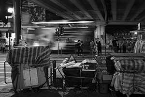 Packed away stalls and equipments for 'villain hitting', underneath Canal Road Flyover, 21 August 2016