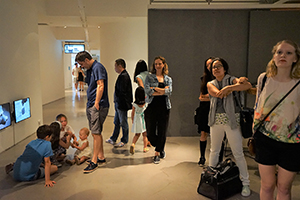 Guests at the opening of an exhibition of artwork by Wong Wai Yin, Spring Workshop, Wong Chuk Hang, 20 August 2016