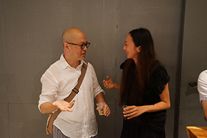 Artists Chan Yuk-keung and Amy Cheung at the opening of an exhibition, Spring Workshop, Wong Chuk Hang Road, 20 August 2016