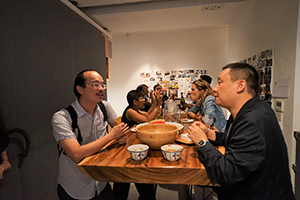 Artist Tozer Pak and curator Pi Li  at the opening of an exhibition of artwork by Wong Wai Yin, Spring Workshop, Wong Chuk Hang Road,  20 August 2016