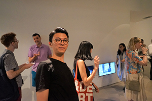 Guests at the opening of an exhibition by Wong Wai Yin, Spring Workshop, Wong Chuk Hang, 20 August 2016